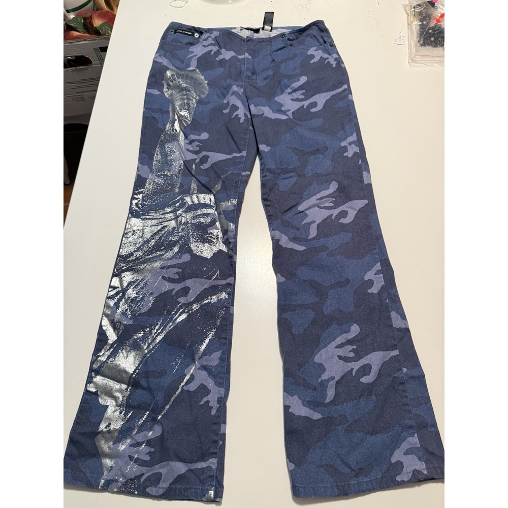 DKNY Jeans Womens Blue Camouflage Flared Denim Jeans Logo 5-Pocket Size 11  Y2K